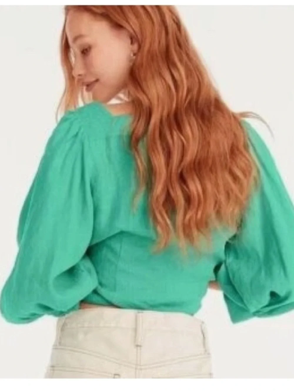J. Crew Kelly Green Button-Front Puff Sleeve Linen Top XS